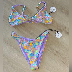 NWT B. Swim Floral Purple Reversible Bikini Set XS